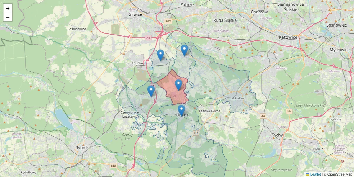 Szczegółowa mapa kodu pocztowego 43-178 z granicami, sąsiednimi kodami pocztowymi i urzędami pocztowymi