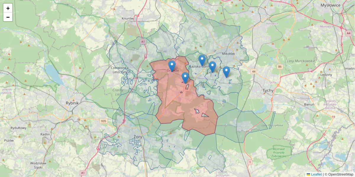 Szczegółowa mapa kodu pocztowego 43-180 z granicami, sąsiednimi kodami pocztowymi i urzędami pocztowymi
