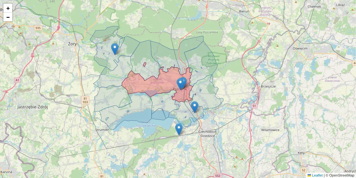 Szczegółowa mapa kodu pocztowego 43-200 z granicami, sąsiednimi kodami pocztowymi i urzędami pocztowymi