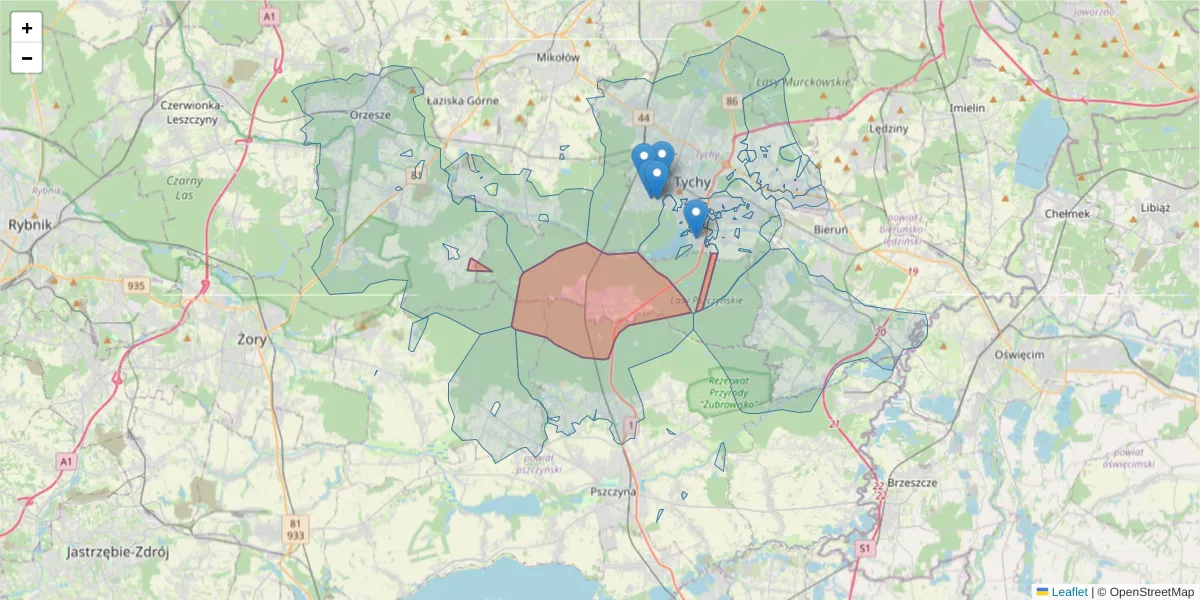 Szczegółowa mapa kodu pocztowego 43-210 z granicami, sąsiednimi kodami pocztowymi i urzędami pocztowymi