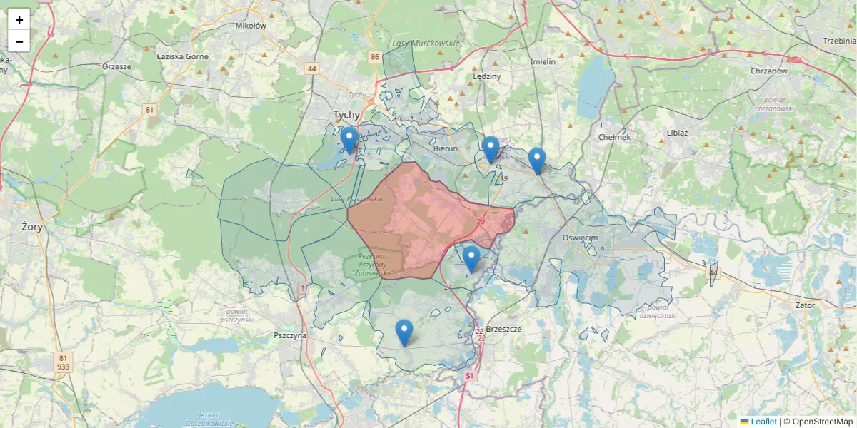 Szczegółowa mapa kodu pocztowego 43-220 z granicami, sąsiednimi kodami pocztowymi i urzędami pocztowymi