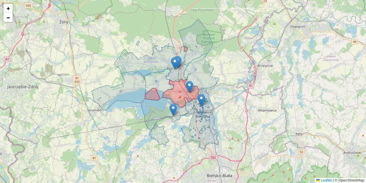 Szczegółowa mapa kodu pocztowego 43-230 z granicami, sąsiednimi kodami pocztowymi i urzędami pocztowymi