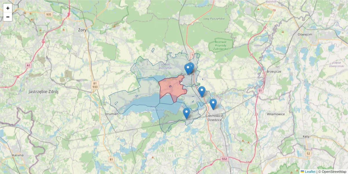 Szczegółowa mapa kodu pocztowego 43-241 z granicami, sąsiednimi kodami pocztowymi i urzędami pocztowymi