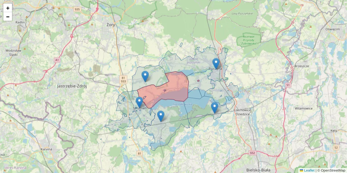 Szczegółowa mapa kodu pocztowego 43-243 z granicami, sąsiednimi kodami pocztowymi i urzędami pocztowymi