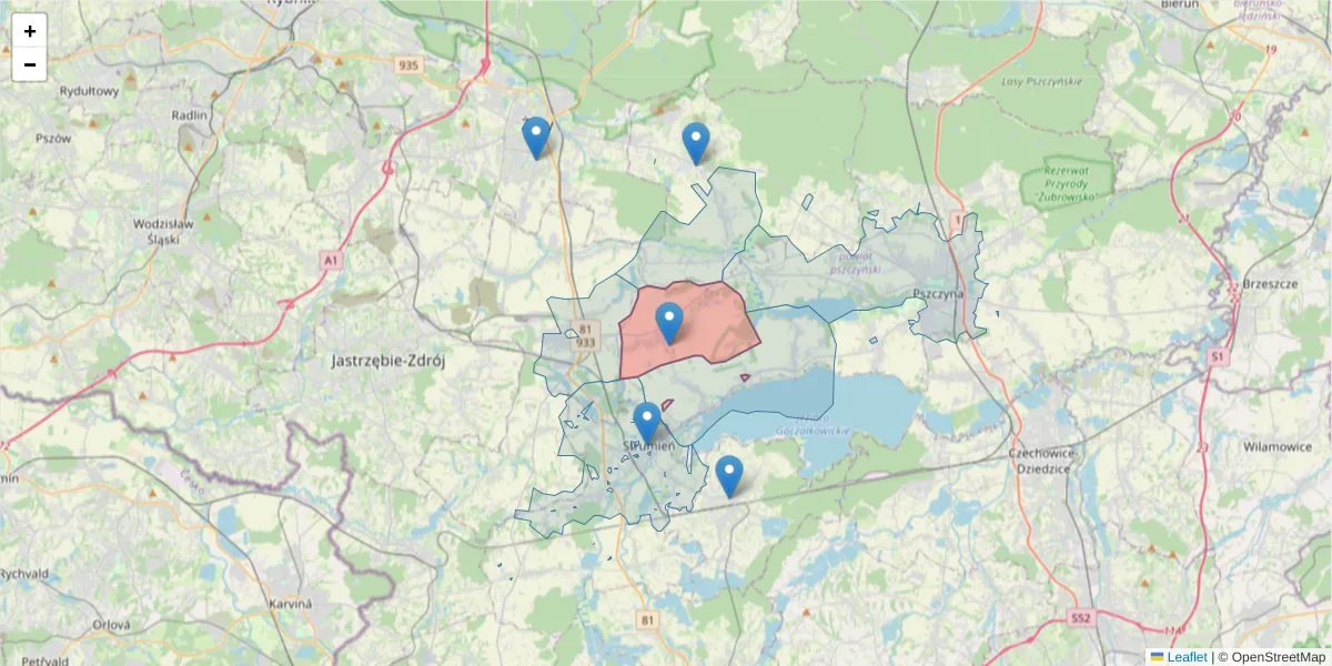 Szczegółowa mapa kodu pocztowego 43-245 z granicami, sąsiednimi kodami pocztowymi i urzędami pocztowymi