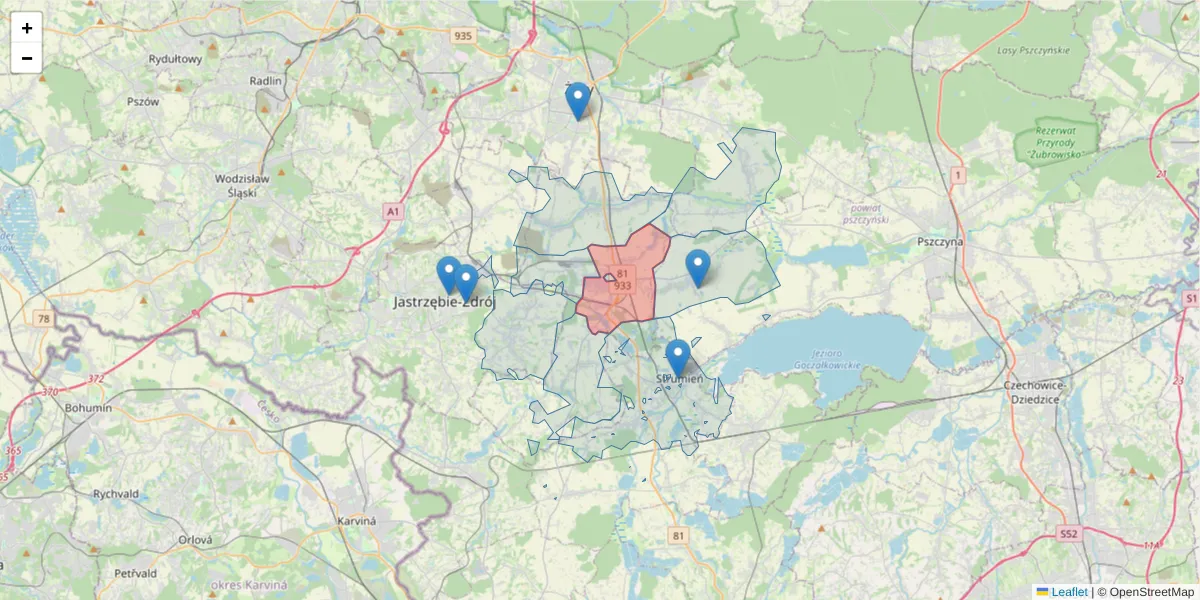 Szczegółowa mapa kodu pocztowego 43-250 z granicami, sąsiednimi kodami pocztowymi i urzędami pocztowymi