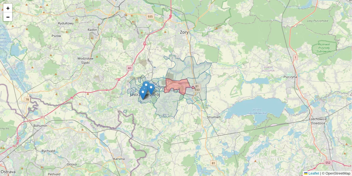 Szczegółowa mapa kodu pocztowego 43-251 z granicami, sąsiednimi kodami pocztowymi i urzędami pocztowymi