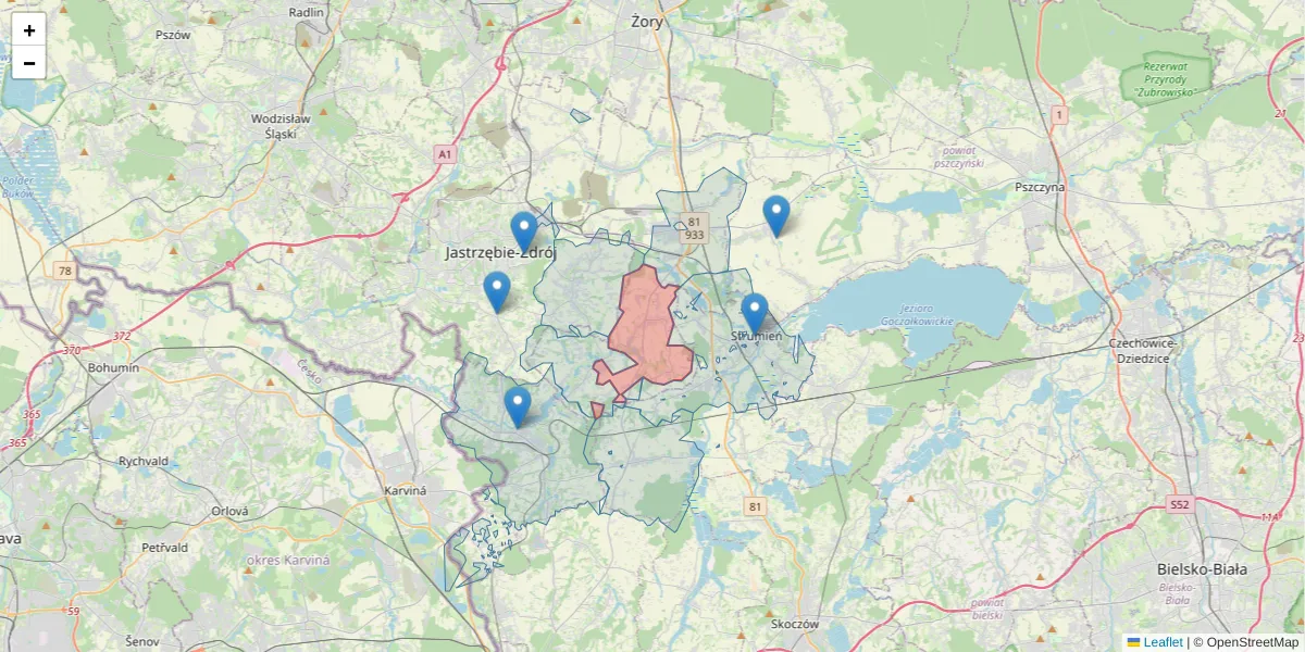 Szczegółowa mapa kodu pocztowego 43-252 z granicami, sąsiednimi kodami pocztowymi i urzędami pocztowymi