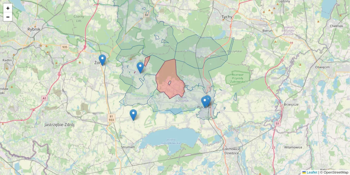 Szczegółowa mapa kodu pocztowego 43-262 z granicami, sąsiednimi kodami pocztowymi i urzędami pocztowymi