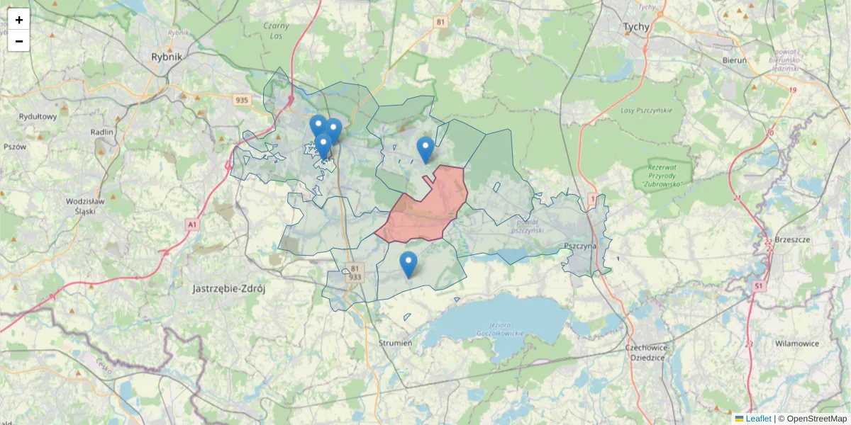 Szczegółowa mapa kodu pocztowego 43-265 z granicami, sąsiednimi kodami pocztowymi i urzędami pocztowymi