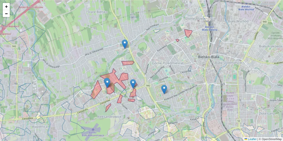 Szczegółowa mapa kodu pocztowego 43-303 z granicami, sąsiednimi kodami pocztowymi i urzędami pocztowymi
