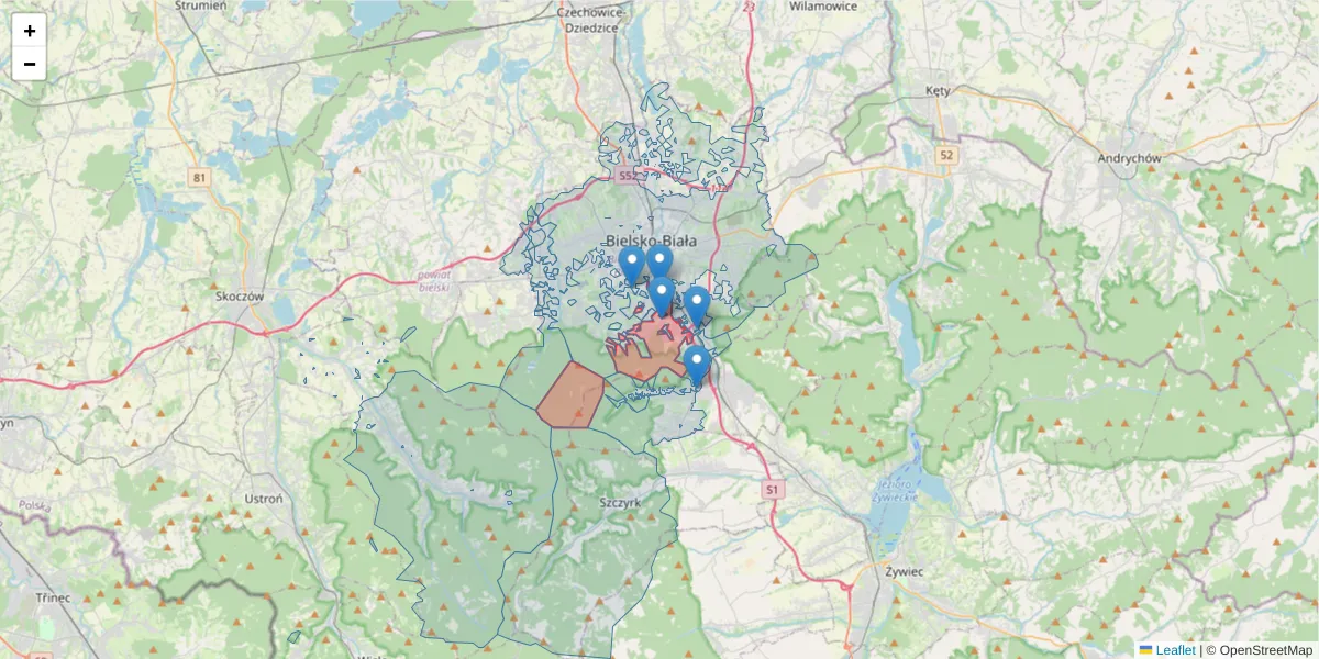 Szczegółowa mapa kodu pocztowego 43-309 z granicami, sąsiednimi kodami pocztowymi i urzędami pocztowymi