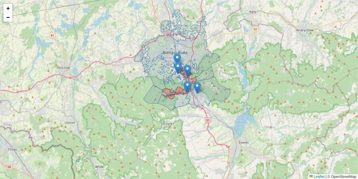 Szczegółowa mapa kodu pocztowego 43-310 z granicami, sąsiednimi kodami pocztowymi i urzędami pocztowymi