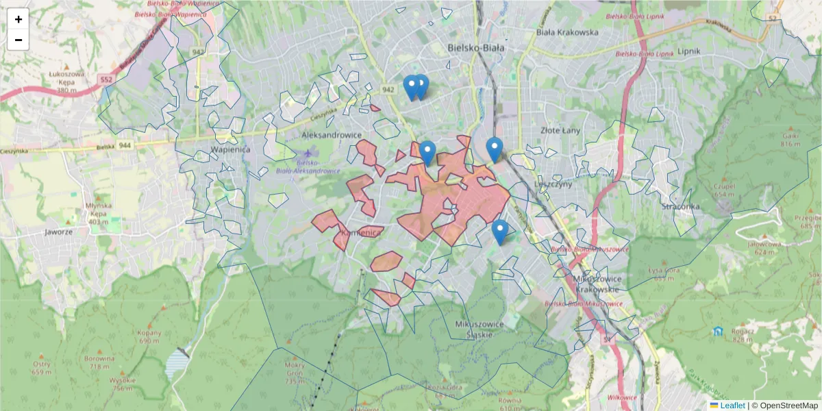 Szczegółowa mapa kodu pocztowego 43-316 z granicami, sąsiednimi kodami pocztowymi i urzędami pocztowymi