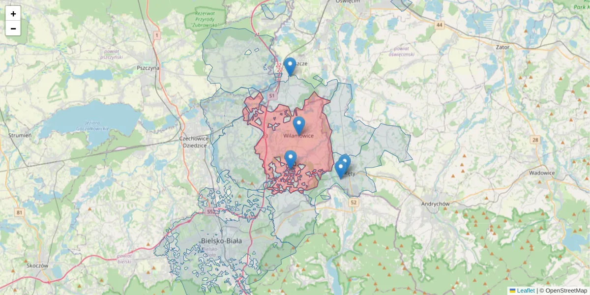 Szczegółowa mapa kodu pocztowego 43-330 z granicami, sąsiednimi kodami pocztowymi i urzędami pocztowymi