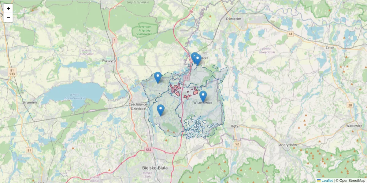 Szczegółowa mapa kodu pocztowego 43-331 z granicami, sąsiednimi kodami pocztowymi i urzędami pocztowymi