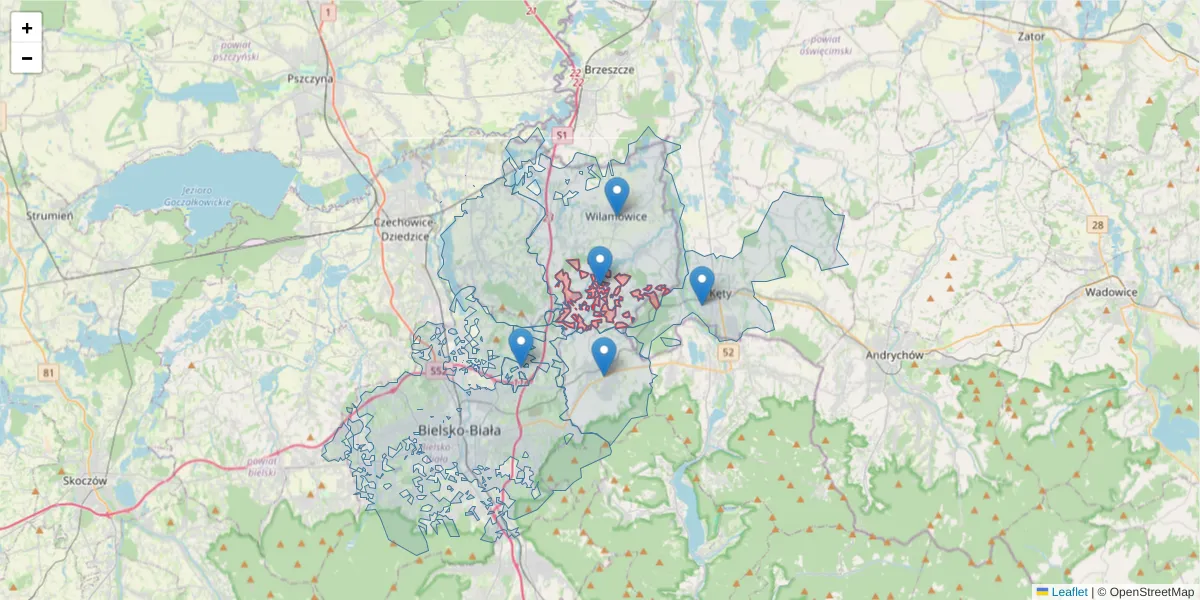 Szczegółowa mapa kodu pocztowego 43-332 z granicami, sąsiednimi kodami pocztowymi i urzędami pocztowymi