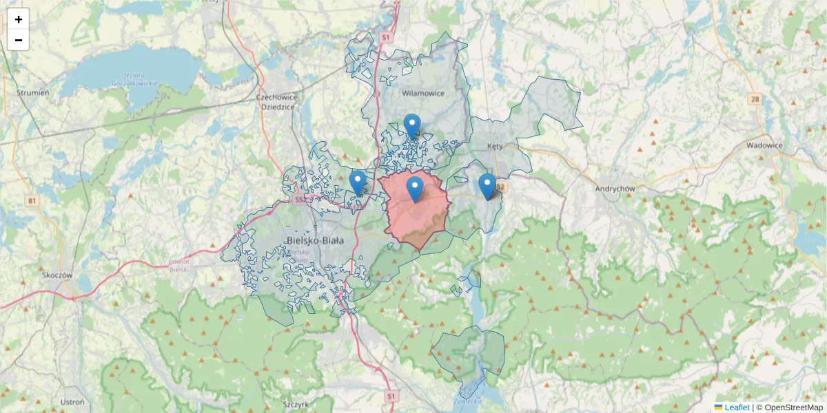 Szczegółowa mapa kodu pocztowego 43-340 z granicami, sąsiednimi kodami pocztowymi i urzędami pocztowymi