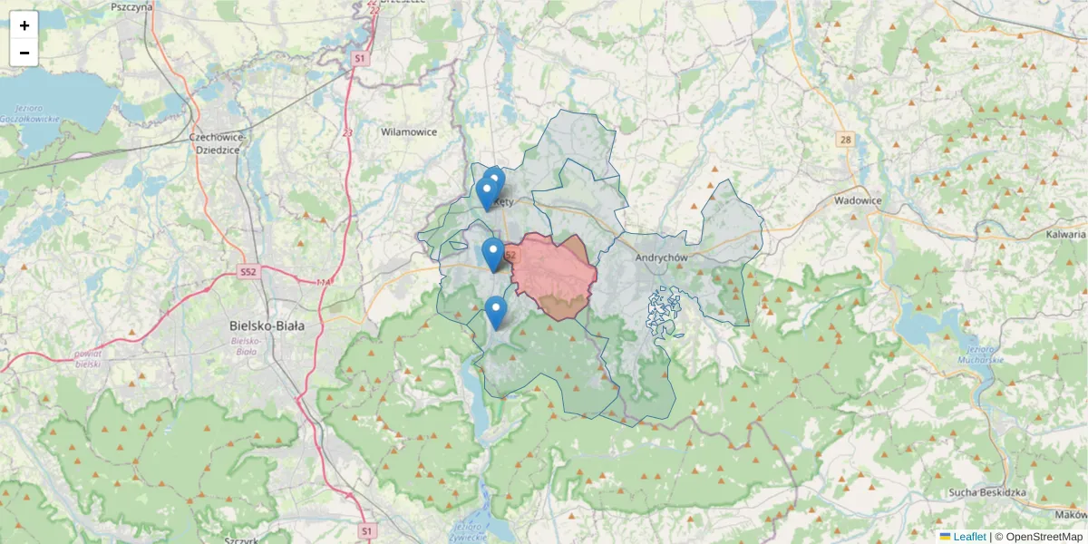 Szczegółowa mapa kodu pocztowego 43-354 z granicami, sąsiednimi kodami pocztowymi i urzędami pocztowymi
