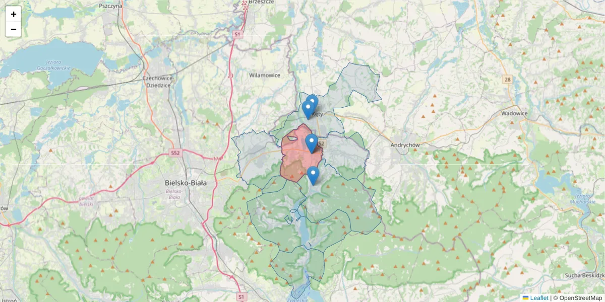 Szczegółowa mapa kodu pocztowego 43-356 z granicami, sąsiednimi kodami pocztowymi i urzędami pocztowymi