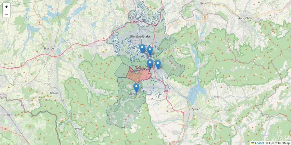 Szczegółowa mapa kodu pocztowego 43-360 z granicami, sąsiednimi kodami pocztowymi i urzędami pocztowymi