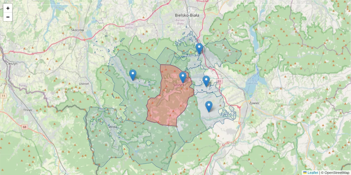 Szczegółowa mapa kodu pocztowego 43-370 z granicami, sąsiednimi kodami pocztowymi i urzędami pocztowymi