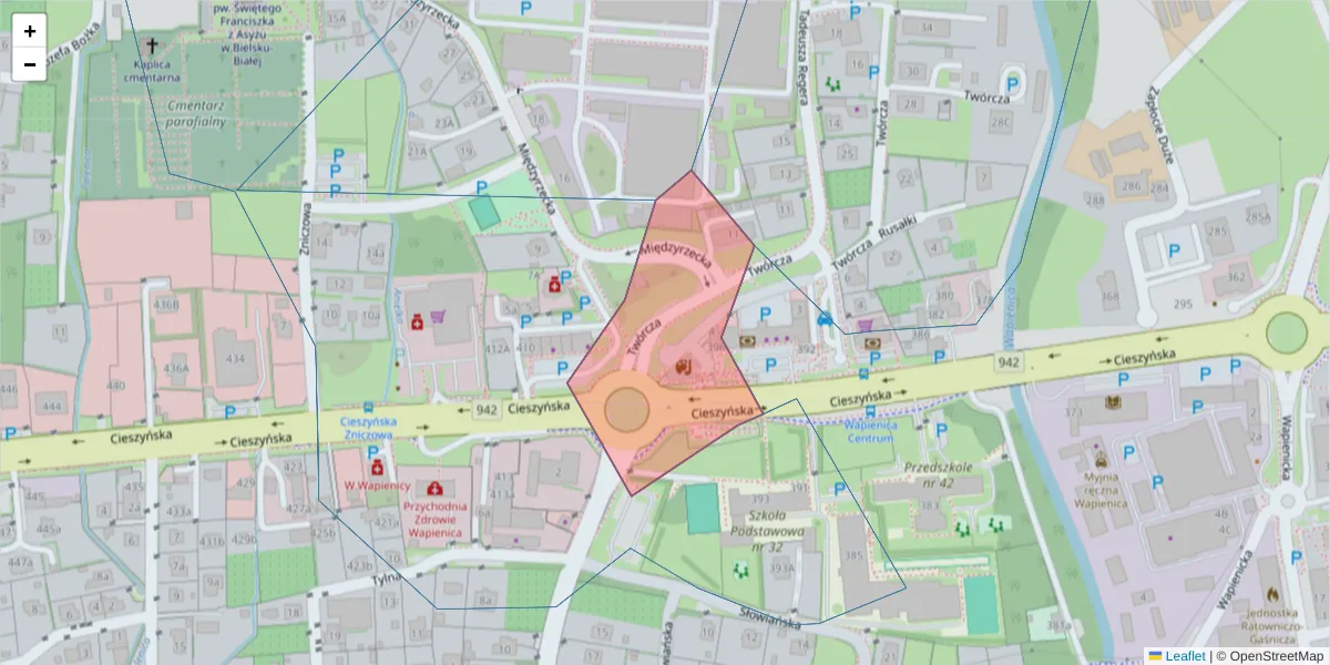 Szczegółowa mapa kodu pocztowego 43-380 z granicami, sąsiednimi kodami pocztowymi i urzędami pocztowymi