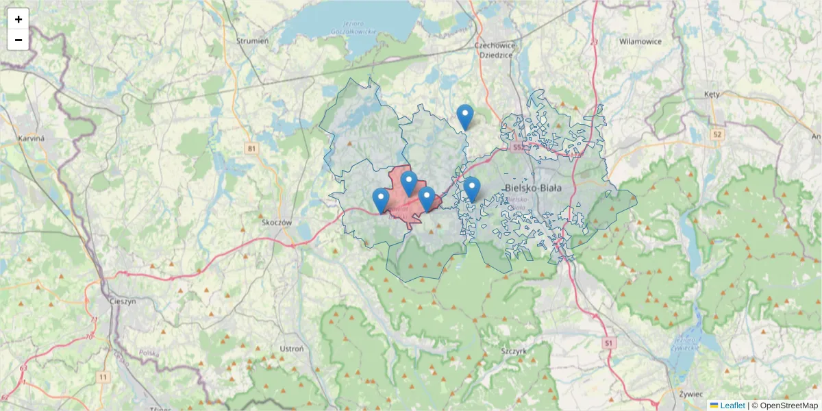 Szczegółowa mapa kodu pocztowego 43-385 z granicami, sąsiednimi kodami pocztowymi i urzędami pocztowymi