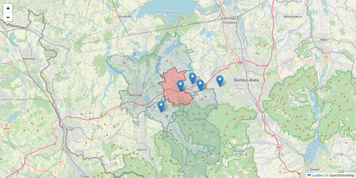 Szczegółowa mapa kodu pocztowego 43-386 z granicami, sąsiednimi kodami pocztowymi i urzędami pocztowymi