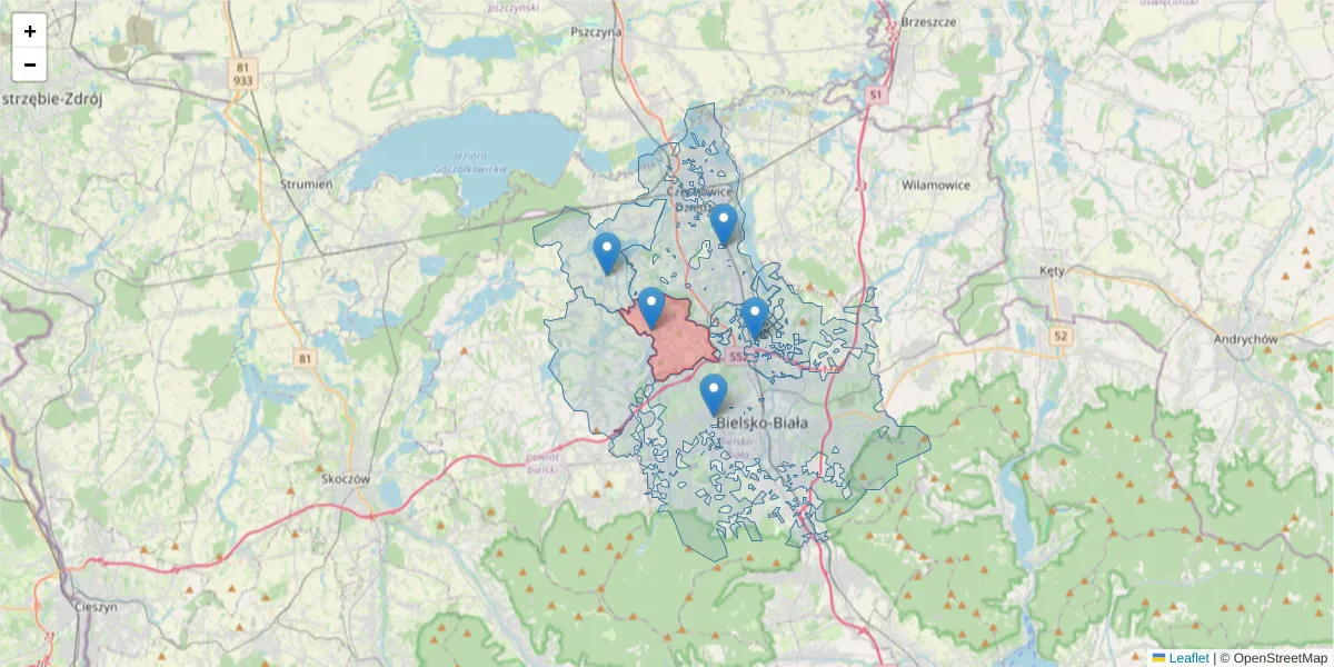 Szczegółowa mapa kodu pocztowego 43-391 z granicami, sąsiednimi kodami pocztowymi i urzędami pocztowymi