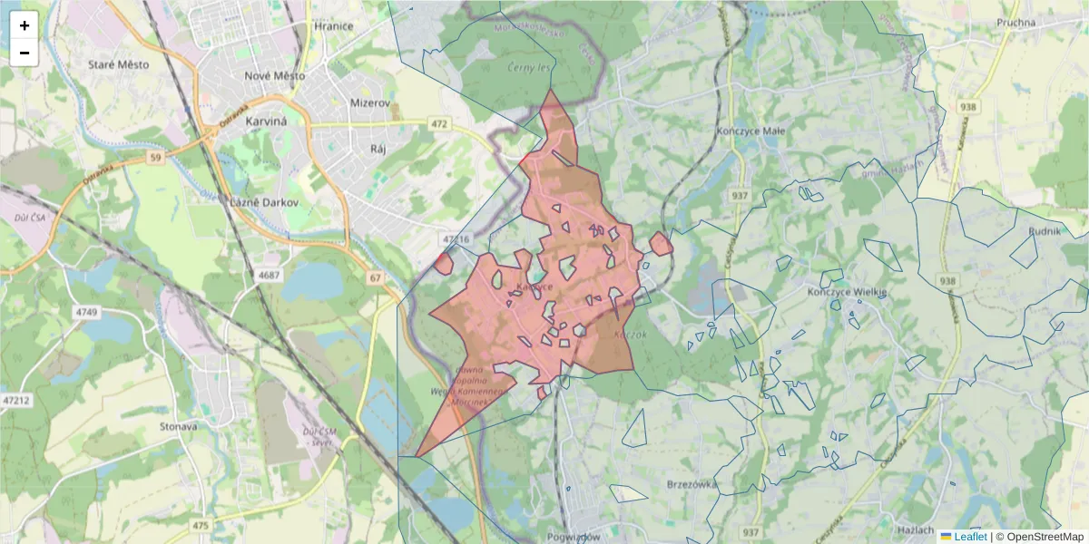 Szczegółowa mapa kodu pocztowego 43-417 z granicami, sąsiednimi kodami pocztowymi i urzędami pocztowymi