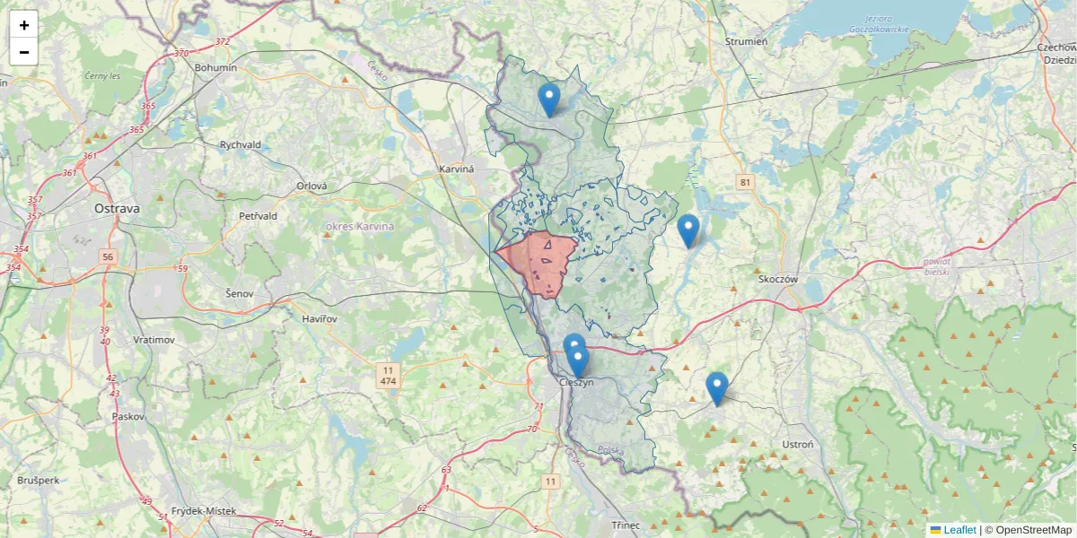 Szczegółowa mapa kodu pocztowego 43-418 z granicami, sąsiednimi kodami pocztowymi i urzędami pocztowymi