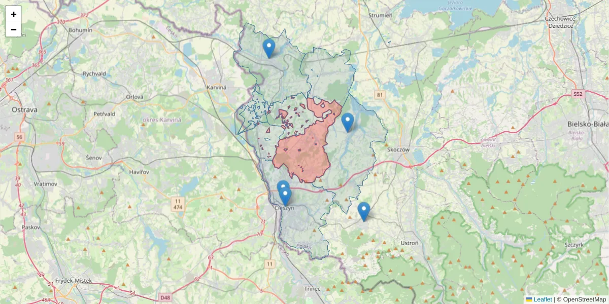 Szczegółowa mapa kodu pocztowego 43-419 z granicami, sąsiednimi kodami pocztowymi i urzędami pocztowymi