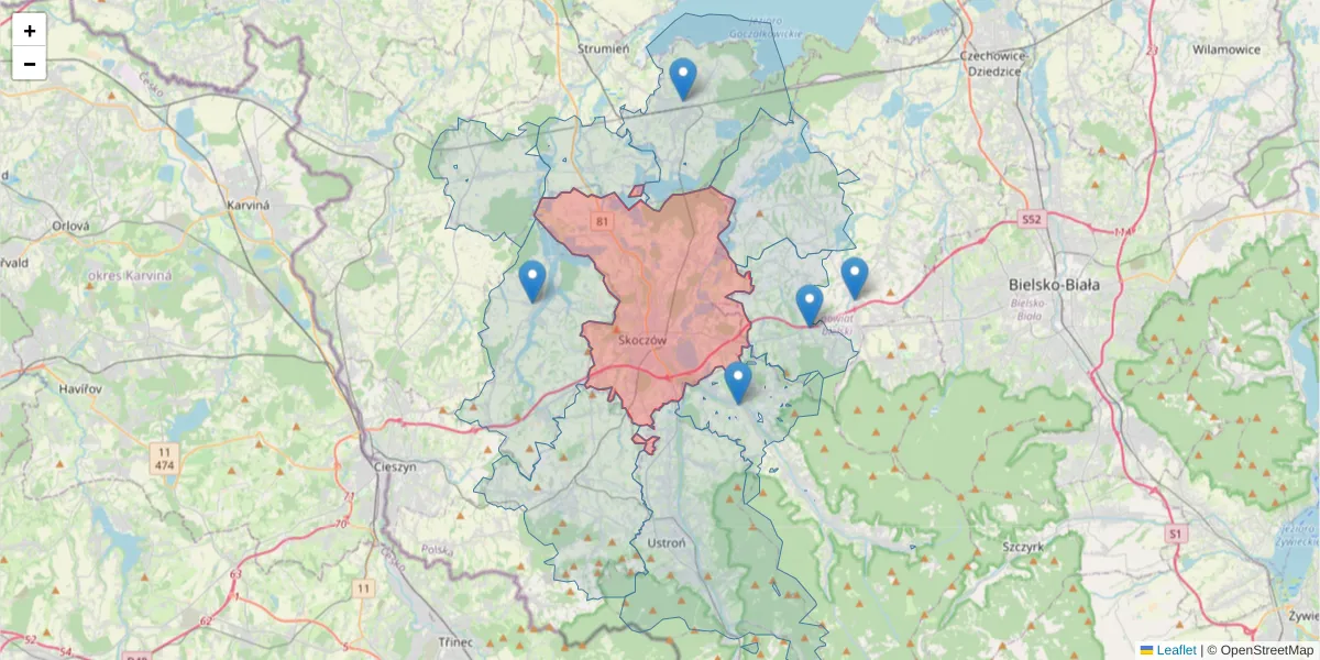Szczegółowa mapa kodu pocztowego 43-430 z granicami, sąsiednimi kodami pocztowymi i urzędami pocztowymi