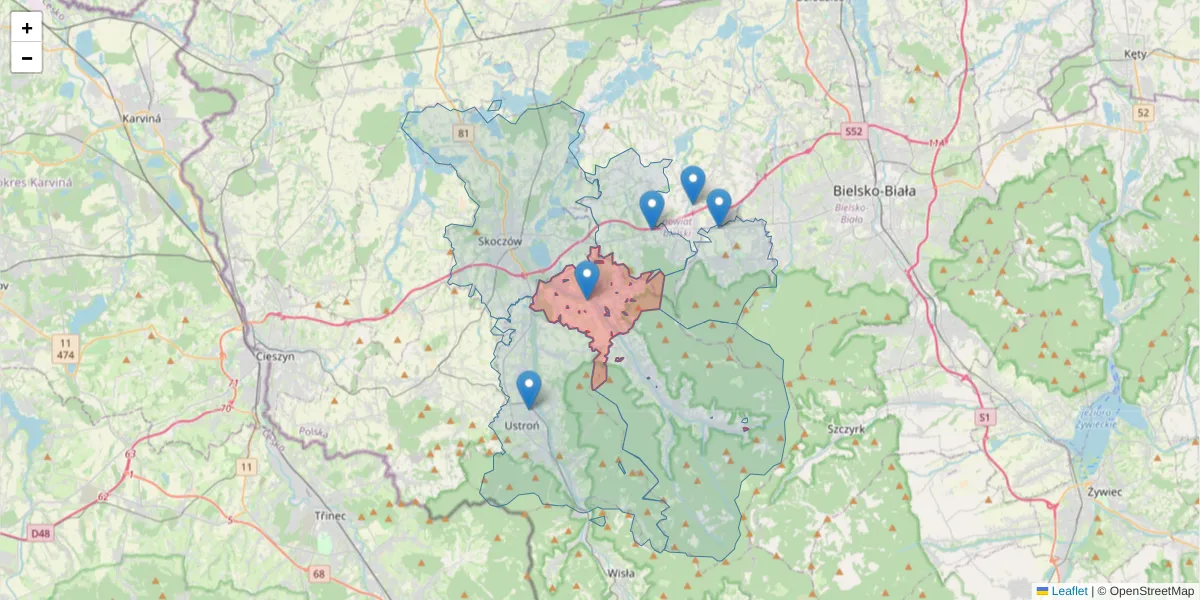 Szczegółowa mapa kodu pocztowego 43-436 z granicami, sąsiednimi kodami pocztowymi i urzędami pocztowymi