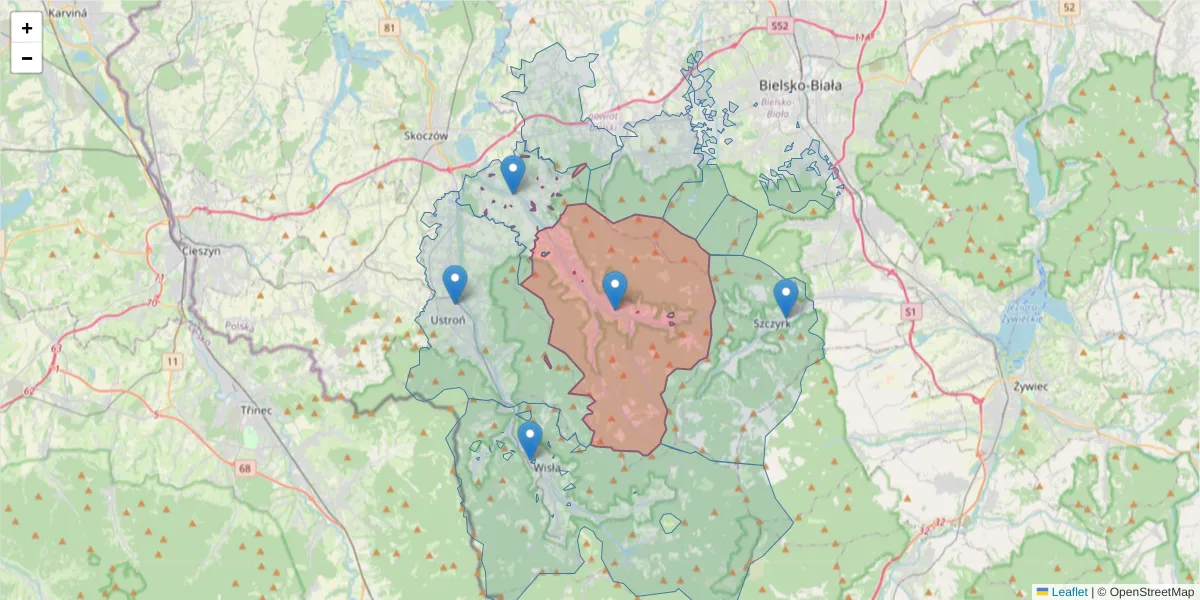 Szczegółowa mapa kodu pocztowego 43-438 z granicami, sąsiednimi kodami pocztowymi i urzędami pocztowymi