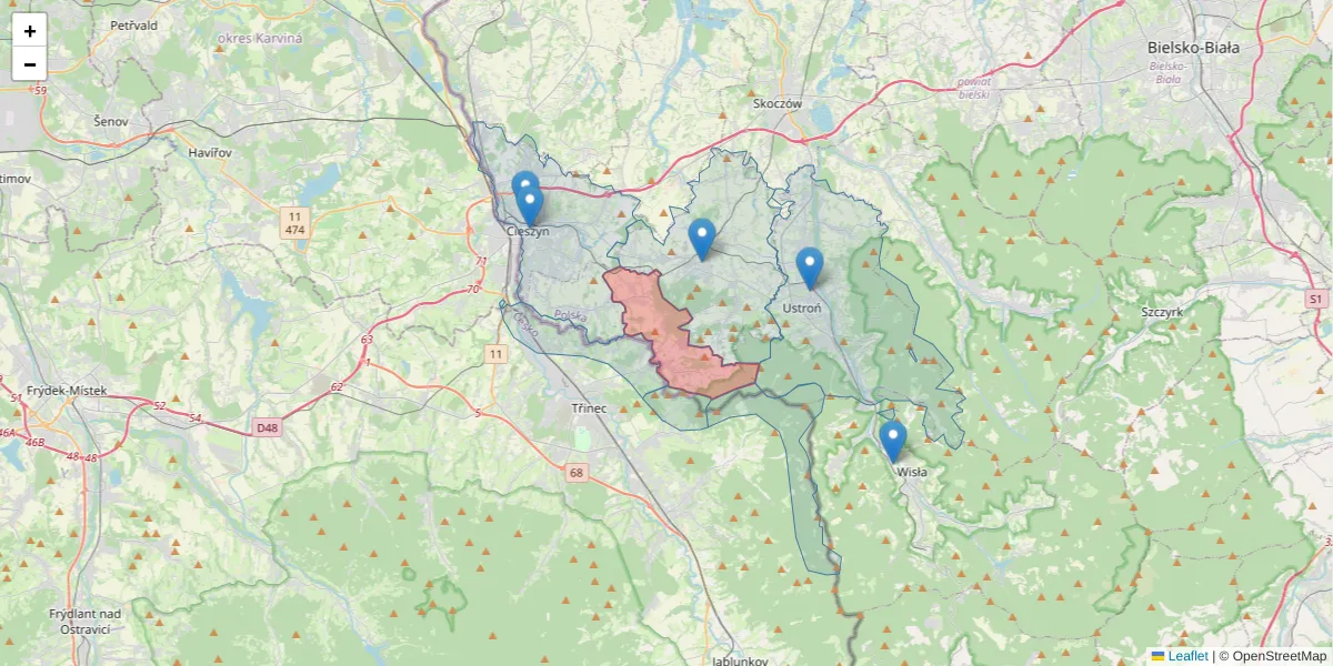Szczegółowa mapa kodu pocztowego 43-445 z granicami, sąsiednimi kodami pocztowymi i urzędami pocztowymi