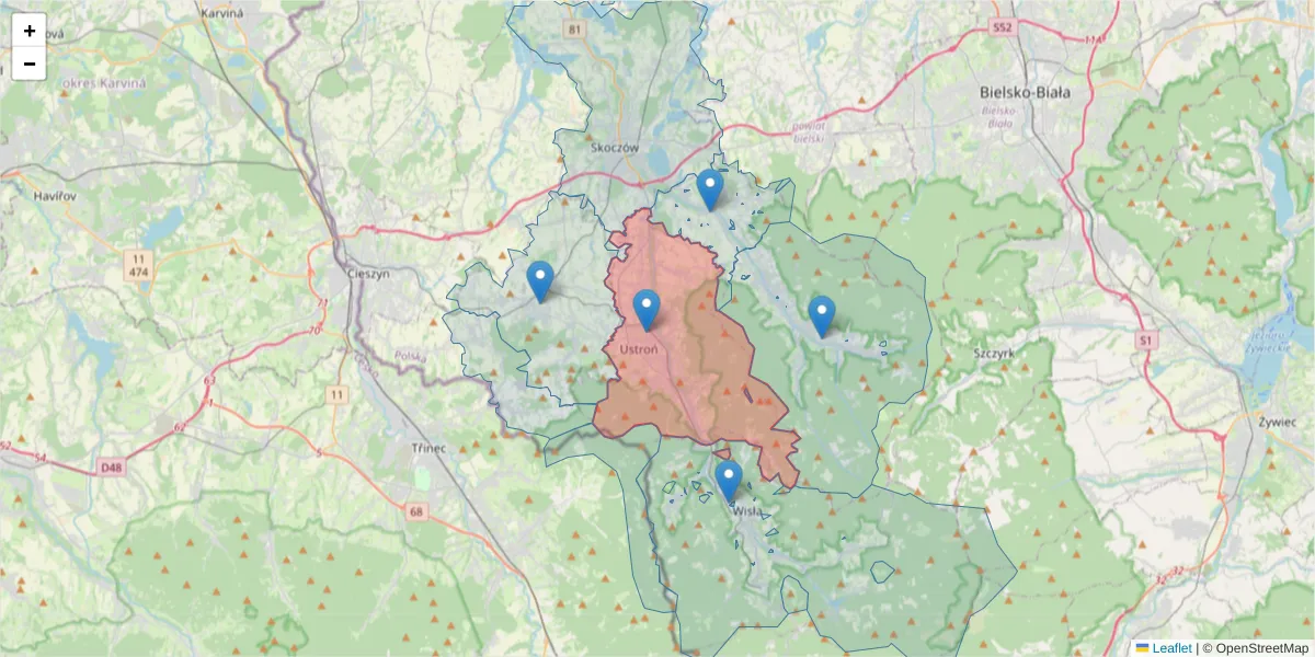 Szczegółowa mapa kodu pocztowego 43-450 z granicami, sąsiednimi kodami pocztowymi i urzędami pocztowymi