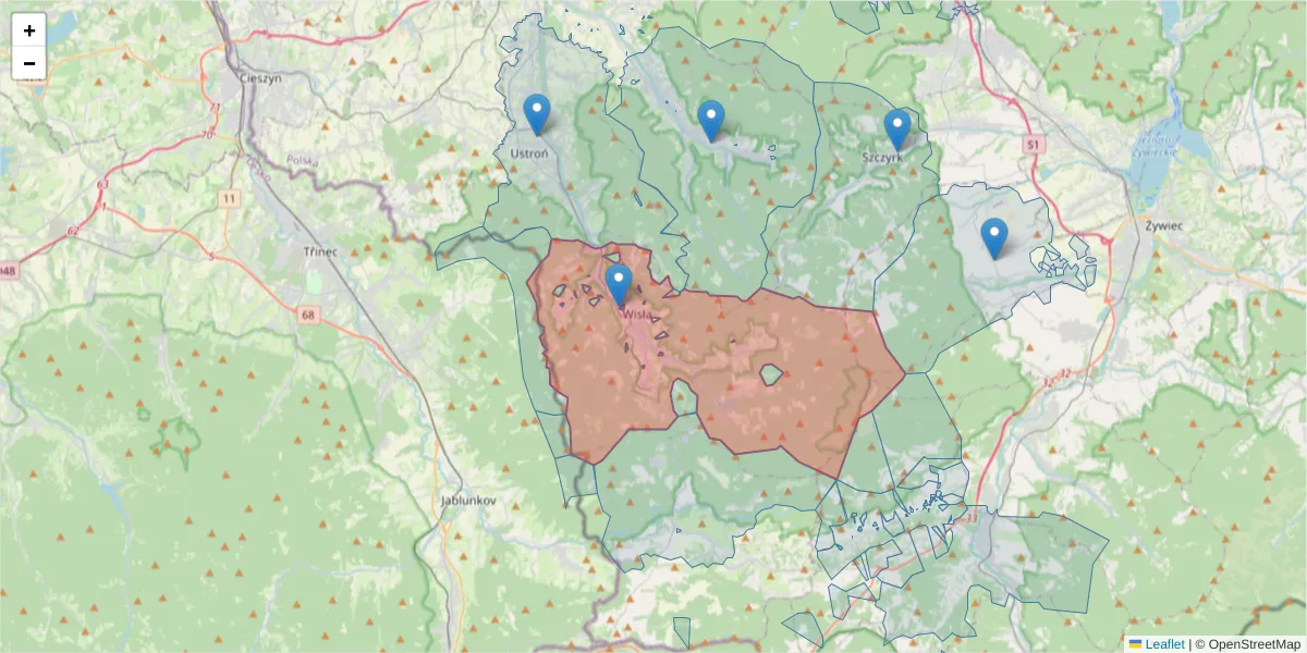Szczegółowa mapa kodu pocztowego 43-460 z granicami, sąsiednimi kodami pocztowymi i urzędami pocztowymi