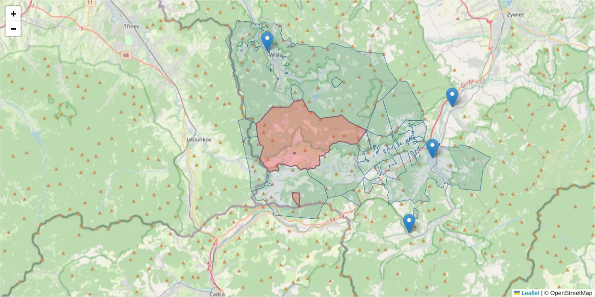 Szczegółowa mapa kodu pocztowego 43-470 z granicami, sąsiednimi kodami pocztowymi i urzędami pocztowymi