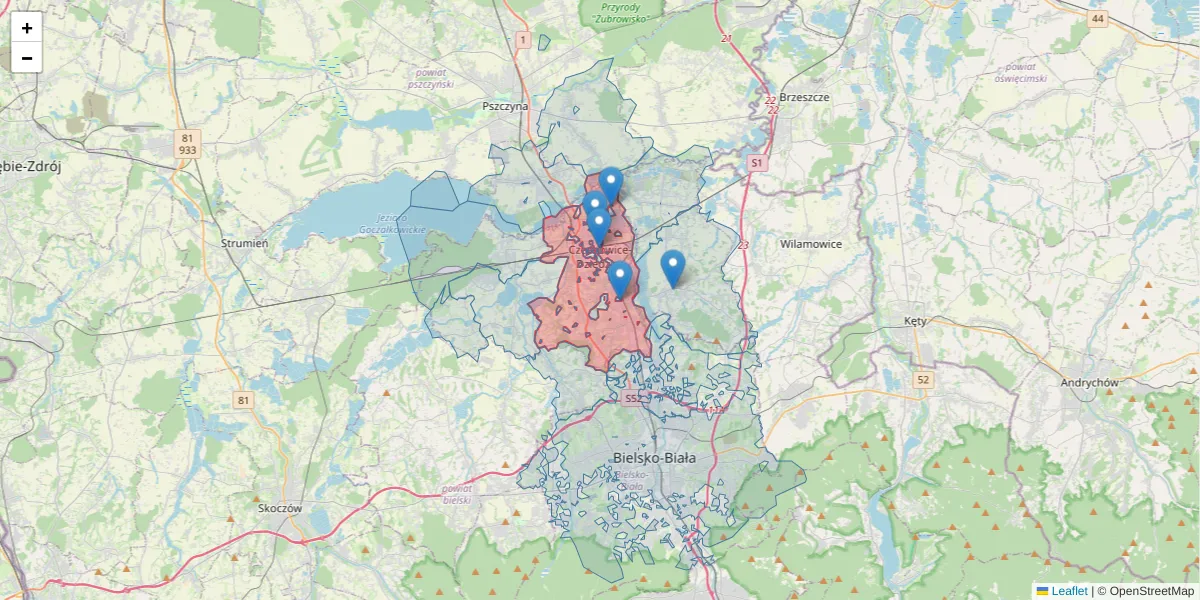 Szczegółowa mapa kodu pocztowego 43-500 z granicami, sąsiednimi kodami pocztowymi i urzędami pocztowymi