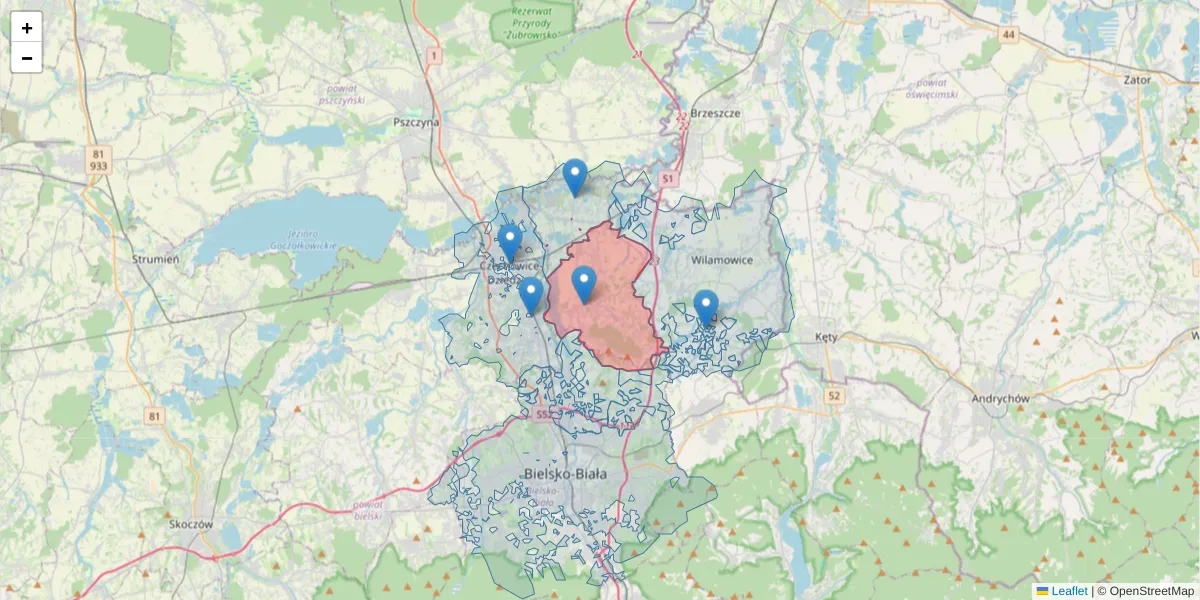 Szczegółowa mapa kodu pocztowego 43-512 z granicami, sąsiednimi kodami pocztowymi i urzędami pocztowymi