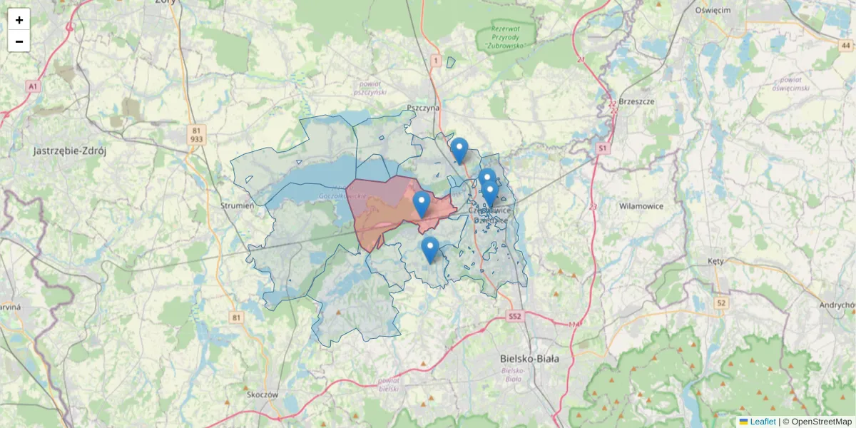 Szczegółowa mapa kodu pocztowego 43-516 z granicami, sąsiednimi kodami pocztowymi i urzędami pocztowymi