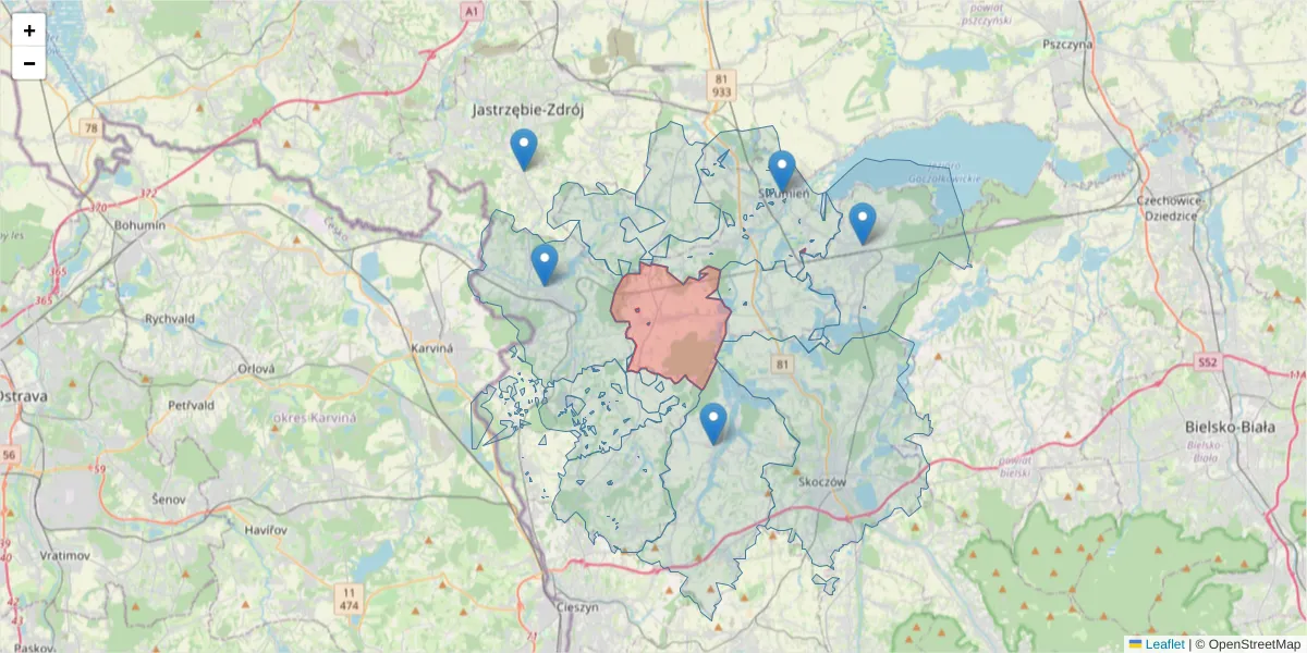 Szczegółowa mapa kodu pocztowego 43-523 z granicami, sąsiednimi kodami pocztowymi i urzędami pocztowymi