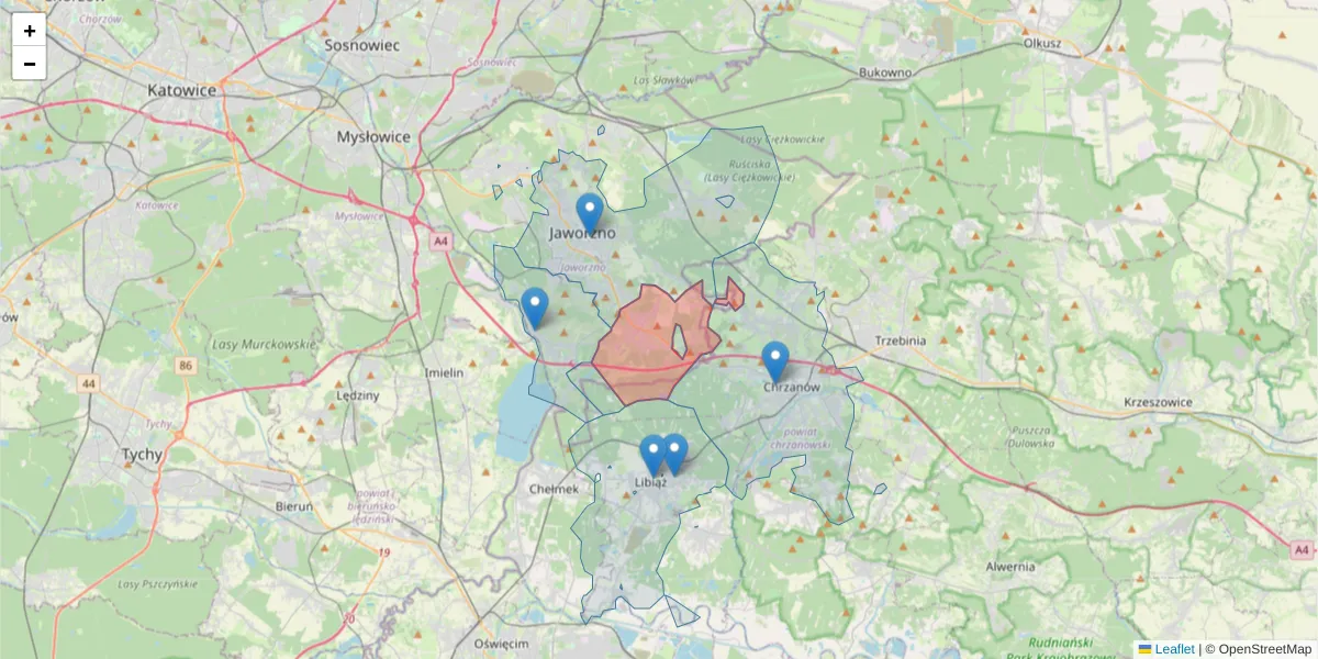 Szczegółowa mapa kodu pocztowego 43-607 z granicami, sąsiednimi kodami pocztowymi i urzędami pocztowymi