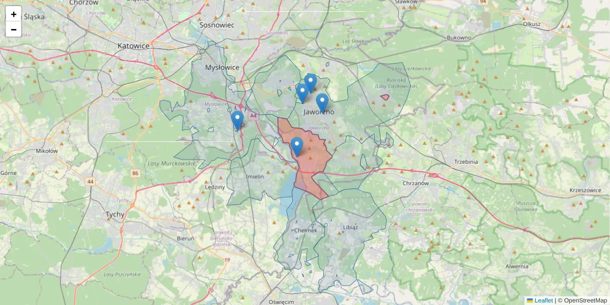 Szczegółowa mapa kodu pocztowego 43-608 z granicami, sąsiednimi kodami pocztowymi i urzędami pocztowymi