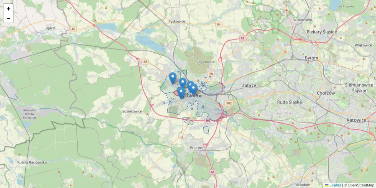 Szczegółowa mapa kodu pocztowego 44-101 z granicami, sąsiednimi kodami pocztowymi i urzędami pocztowymi