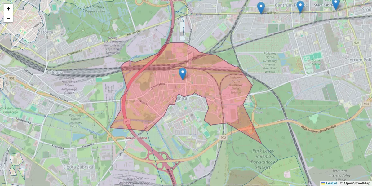 Szczegółowa mapa kodu pocztowego 44-103 z granicami, sąsiednimi kodami pocztowymi i urzędami pocztowymi