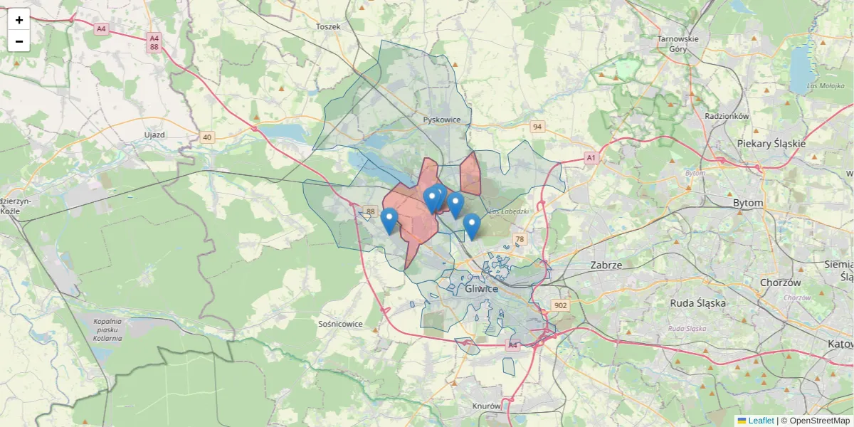 Szczegółowa mapa kodu pocztowego 44-109 z granicami, sąsiednimi kodami pocztowymi i urzędami pocztowymi