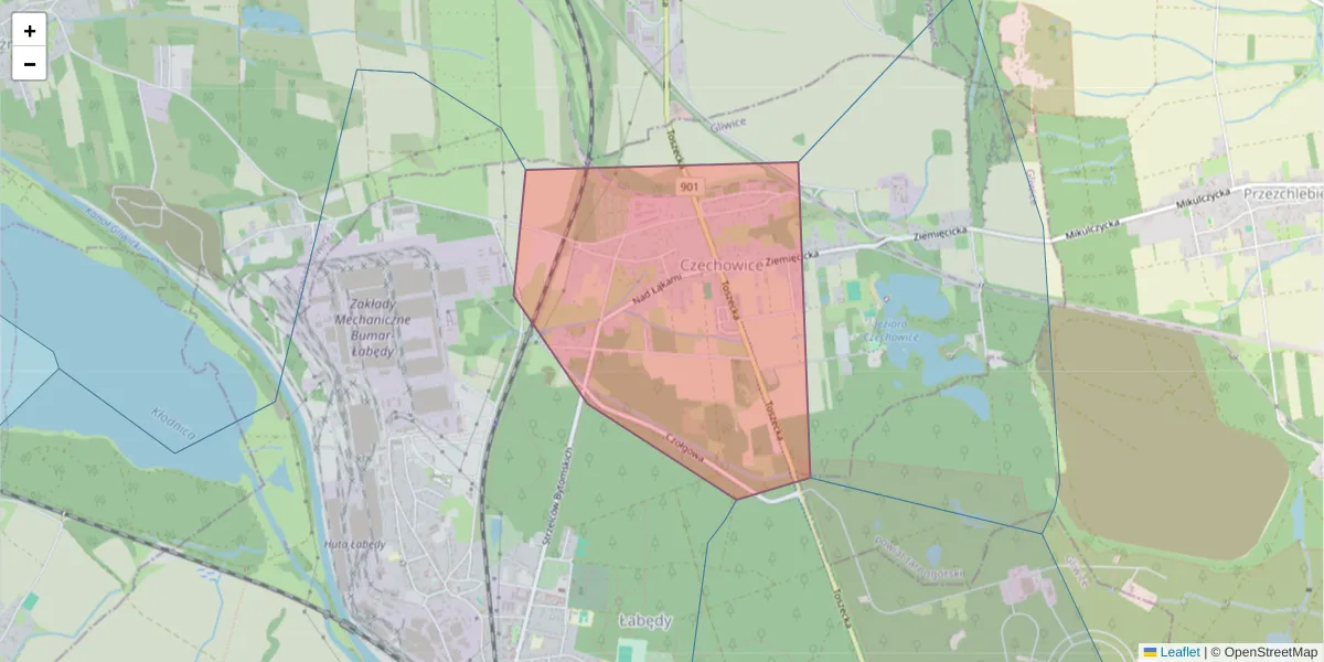 Szczegółowa mapa kodu pocztowego 44-110 z granicami, sąsiednimi kodami pocztowymi i urzędami pocztowymi
